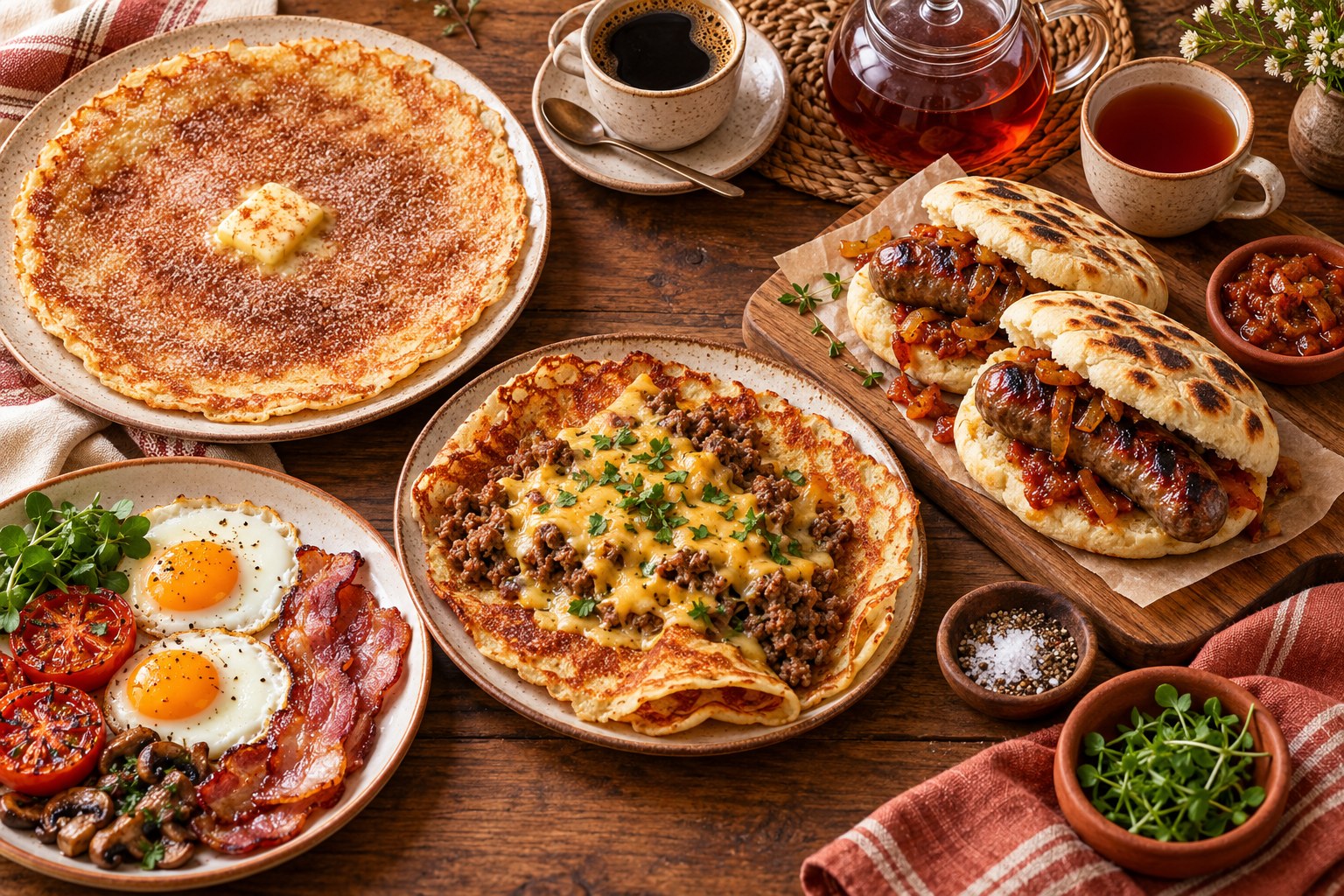Pancakes, roosterkoek, farm breakfast and coffee